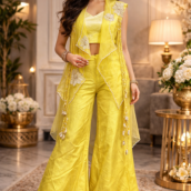 haldi outfit, yellow palazzo set, festive wear women, indo western dress, pre wedding outfit, floral applique dress, wedding brunch outfit