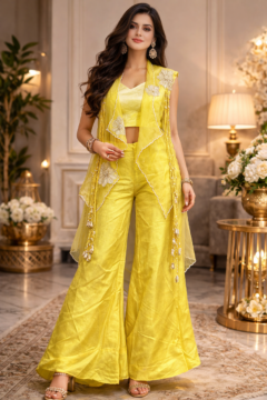 haldi outfit, yellow palazzo set, festive wear women, indo western dress, pre wedding outfit, floral applique dress, wedding brunch outfit