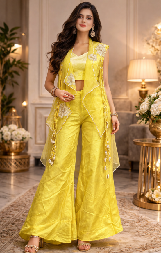 haldi outfit, yellow palazzo set, festive wear women, indo western dress, pre wedding outfit, floral applique dress, wedding brunch outfit