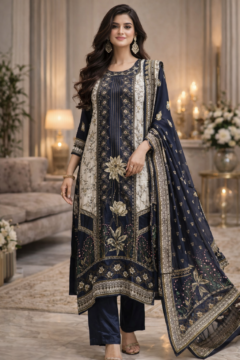 Navy Blue Printed Kurta Set with Dupatta