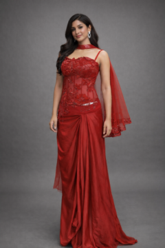 Red Lace Corset Draped Evening Gown